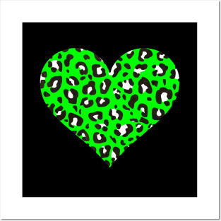 Bright Green, Black and White Leopard Print Heart Posters and Art